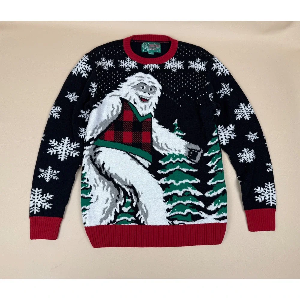 Ugly Christmas Sweater M Bigfoot Yeti Holiday Plaid Vest Snowflakes Black